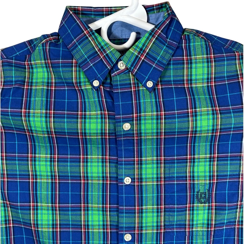 Chaps Mens Easy Care Plaid Button Down Shirt Blue Green Long Sleeve Size Medium